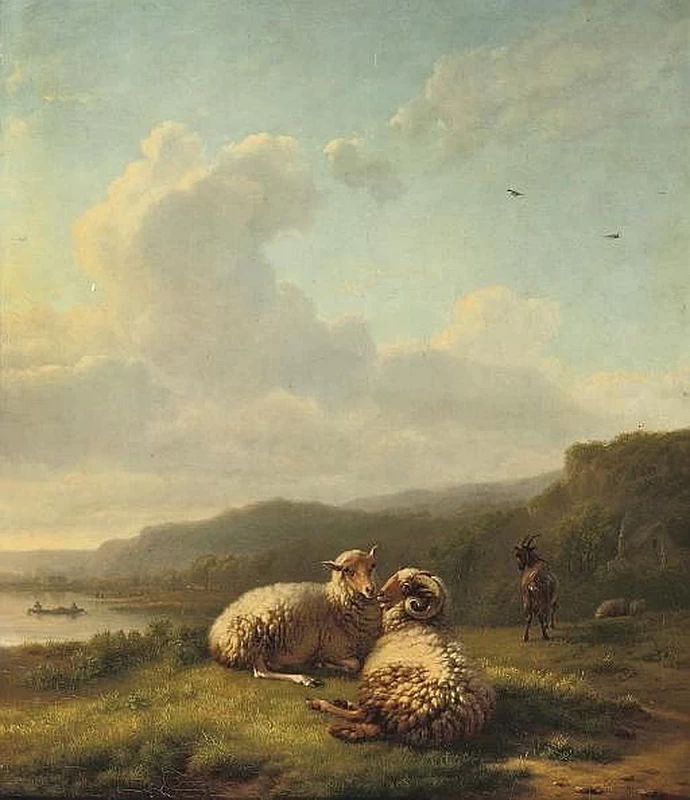 Balthasar Ommeganck - Pecore in un paesaggio fluviale boscoso